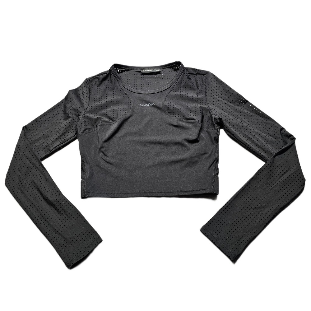 Calvin Klein Activewear Crop Top Womens Small Black Perforated Mesh Long Sleeve